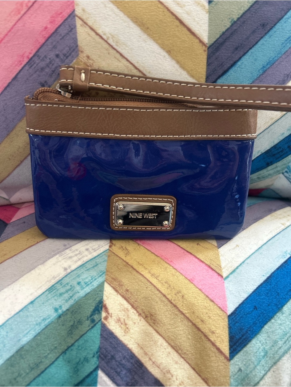 Nine West Blue Patent Wristlet Pouch with ID Window & Wrist Strap